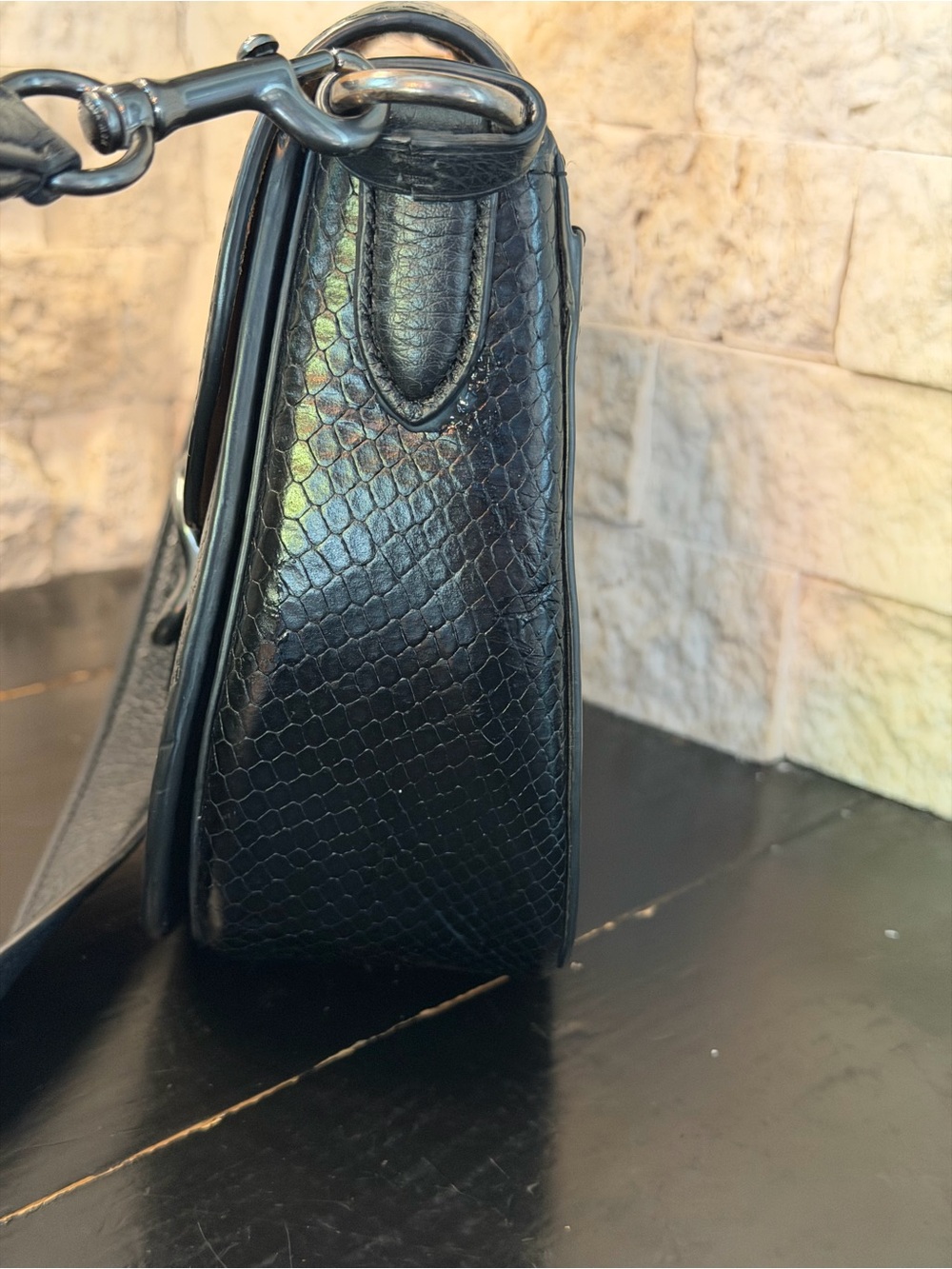 Coach Morgan Saddle Bag Pebbled Leather Snakeskin Gunmetal Black Crossbody Logo - Picture 3 of 11